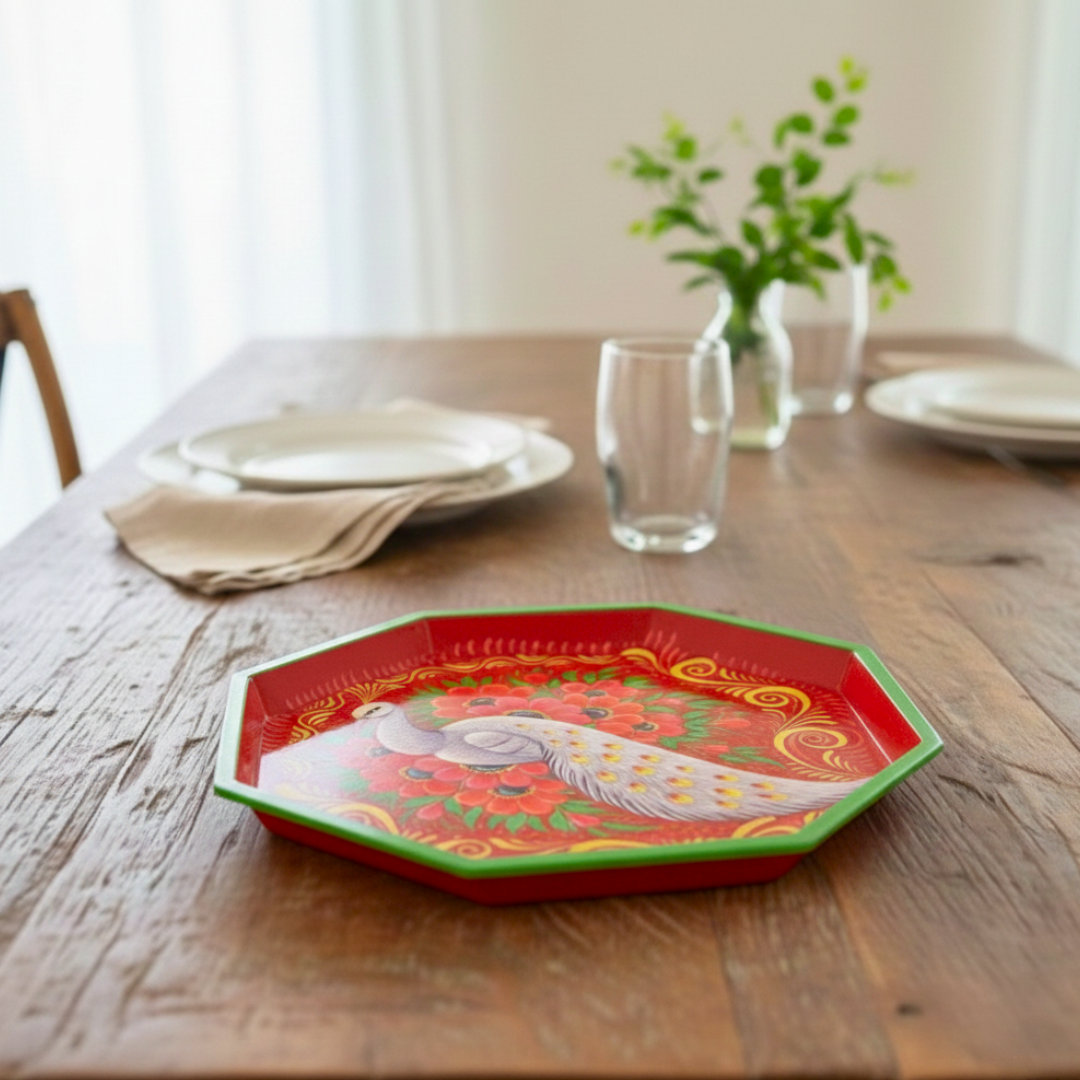 Red Octagon Peacock Tray